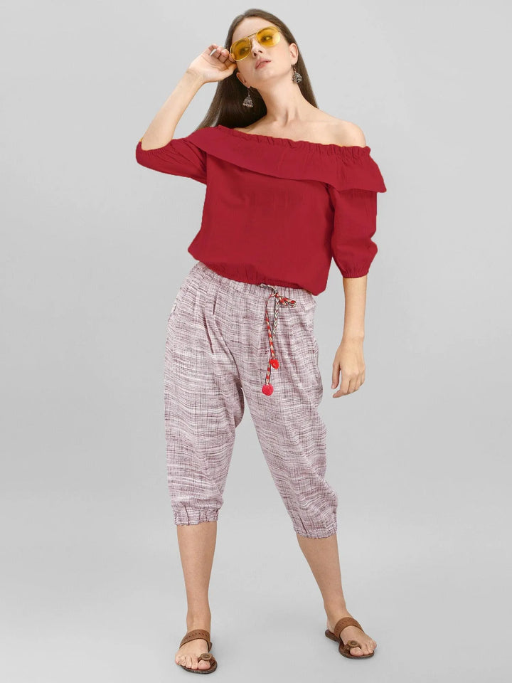 Off-shoulder Red Top and Calf Length Pant Set - VJV Now