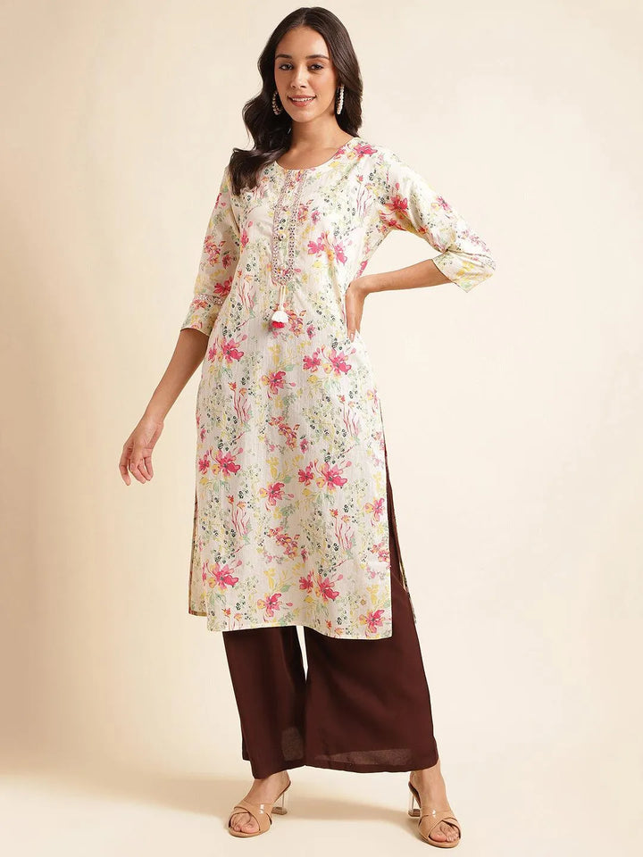 off- white & multi printed simple straight cut kurti - VJV Now