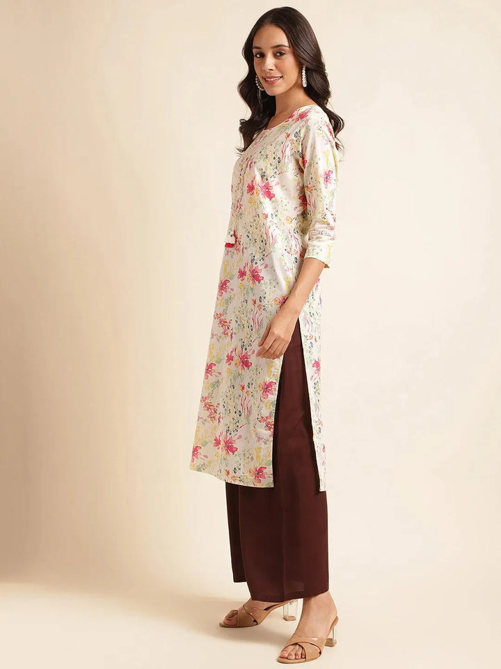 off- white & multi printed simple straight cut kurti - VJV Now