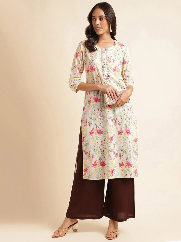 off- white & multi printed simple straight cut kurti - VJV Now