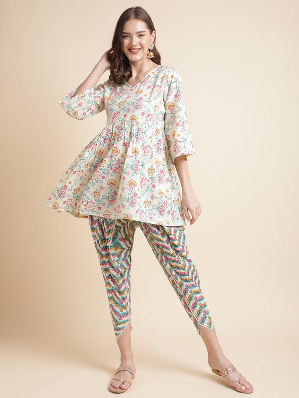 Off- white floral printed pure cotton kurti with dhoti pants set - VJV Now