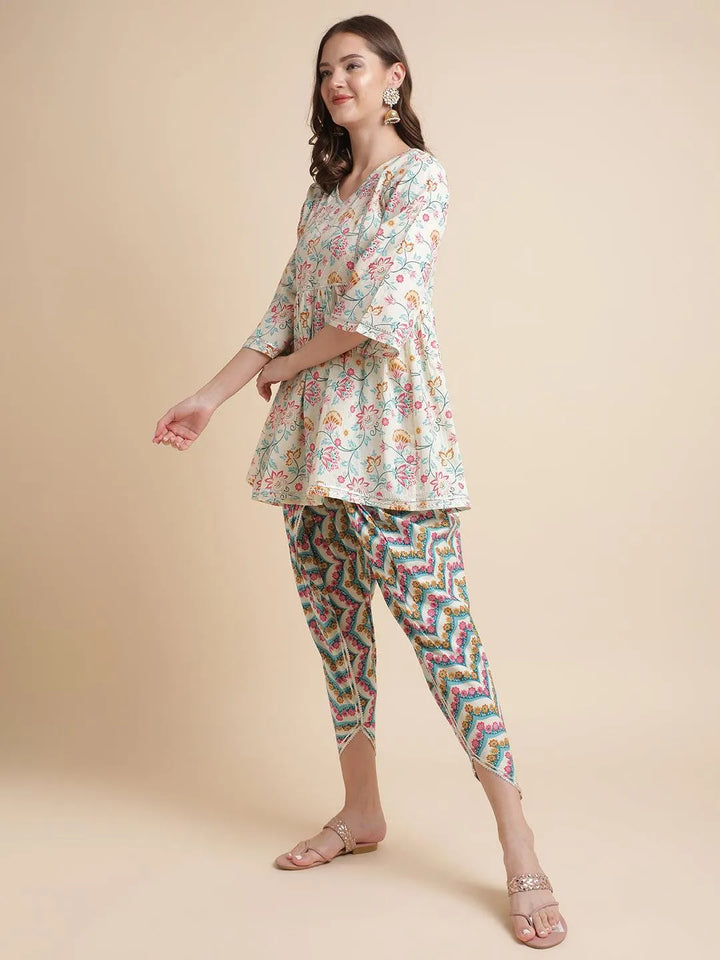 Off- white floral printed pure cotton kurti with dhoti pants set - VJV Now