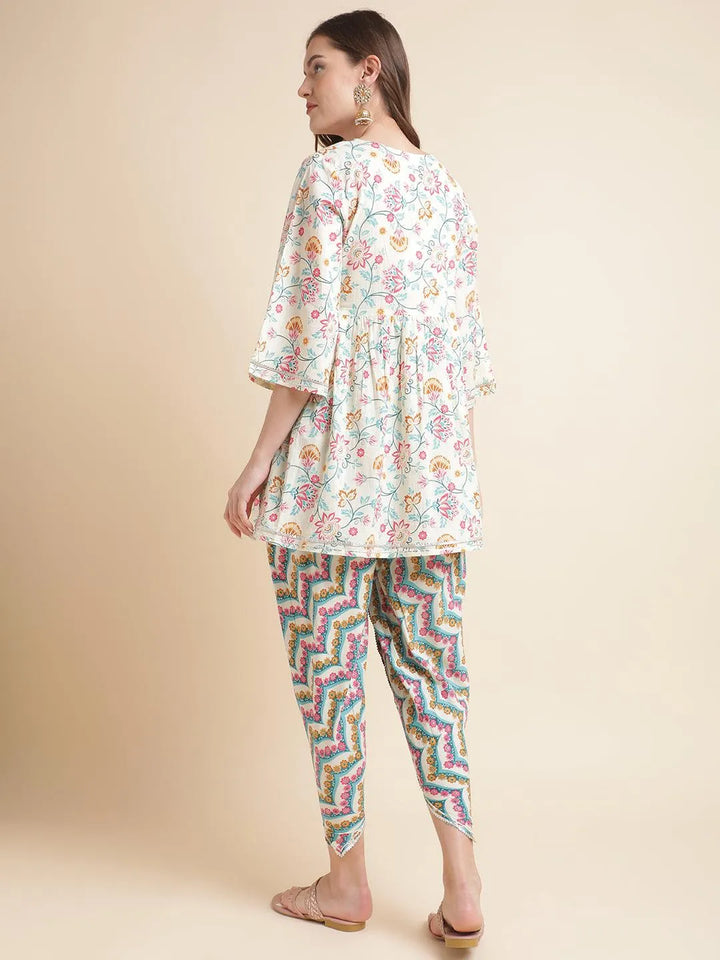 Off- white floral printed pure cotton kurti with dhoti pants set - VJV Now