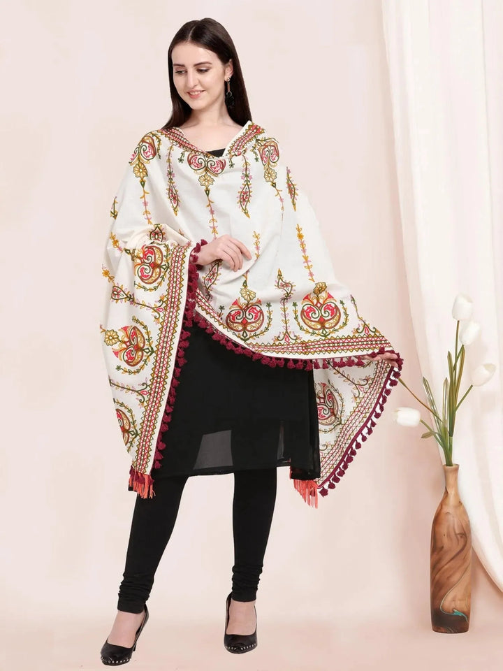 Off-White Heavily Aari Embroidered Khadi Shawl/Dupatta With Wine Cotton Tassel - VJV Now