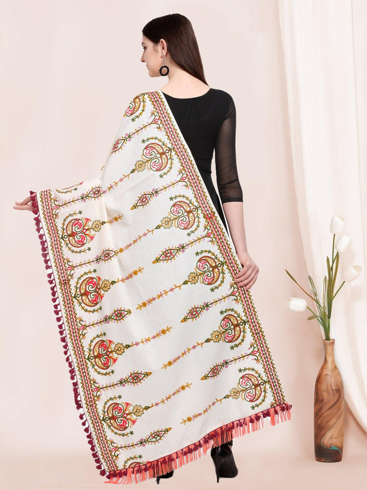 Off-White Heavily Aari Embroidered Khadi Shawl/Dupatta With Wine Cotton Tassel - VJV Now