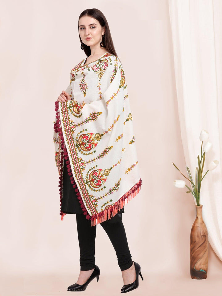Off-White Heavily Aari Embroidered Khadi Shawl/Dupatta With Wine Cotton Tassel - VJV Now