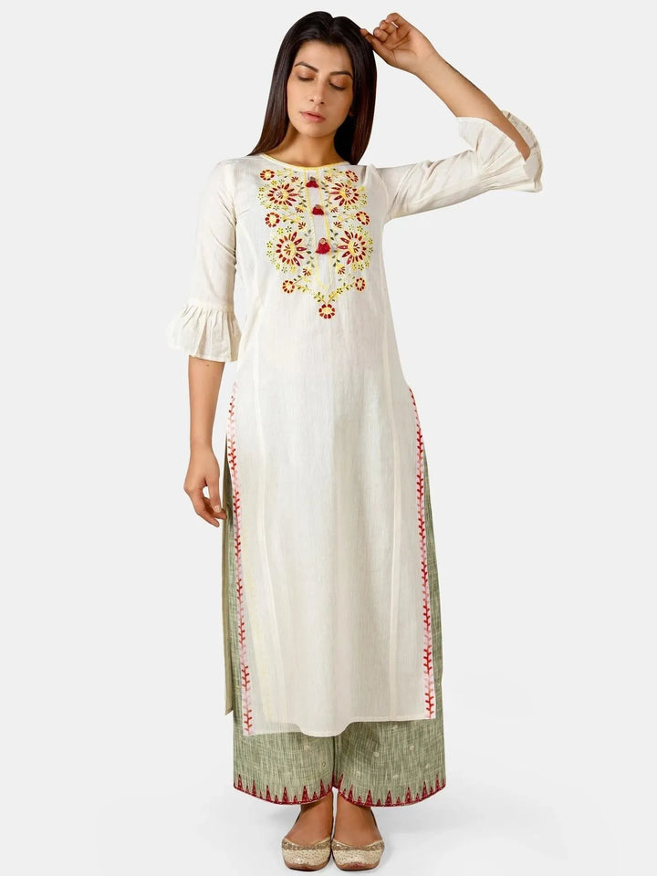 Off white princes line kurta with green club palazzo pant - VJV Now