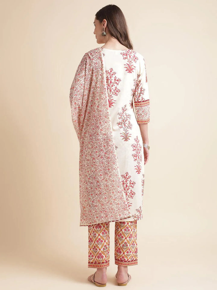 Off-white printed pure cotton kurta with pant &dupatta set - VJV Now