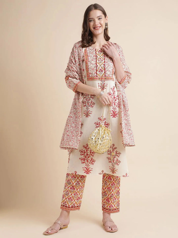 Off-white printed pure cotton kurta with pant &dupatta set - VJV Now