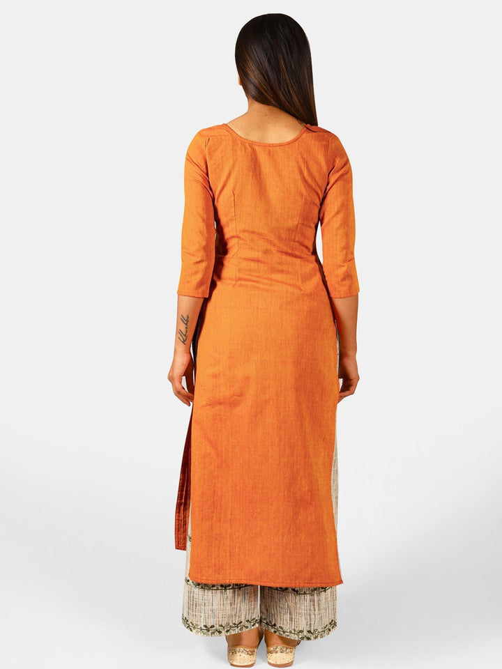 Orange long embroidered neck kurta with rust canvas palazzo pant - VJV Now