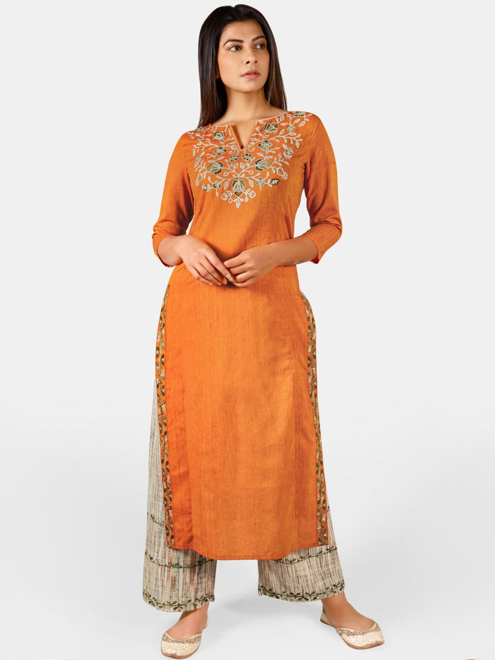 Orange long embroidered neck kurta with rust canvas palazzo pant - VJV Now