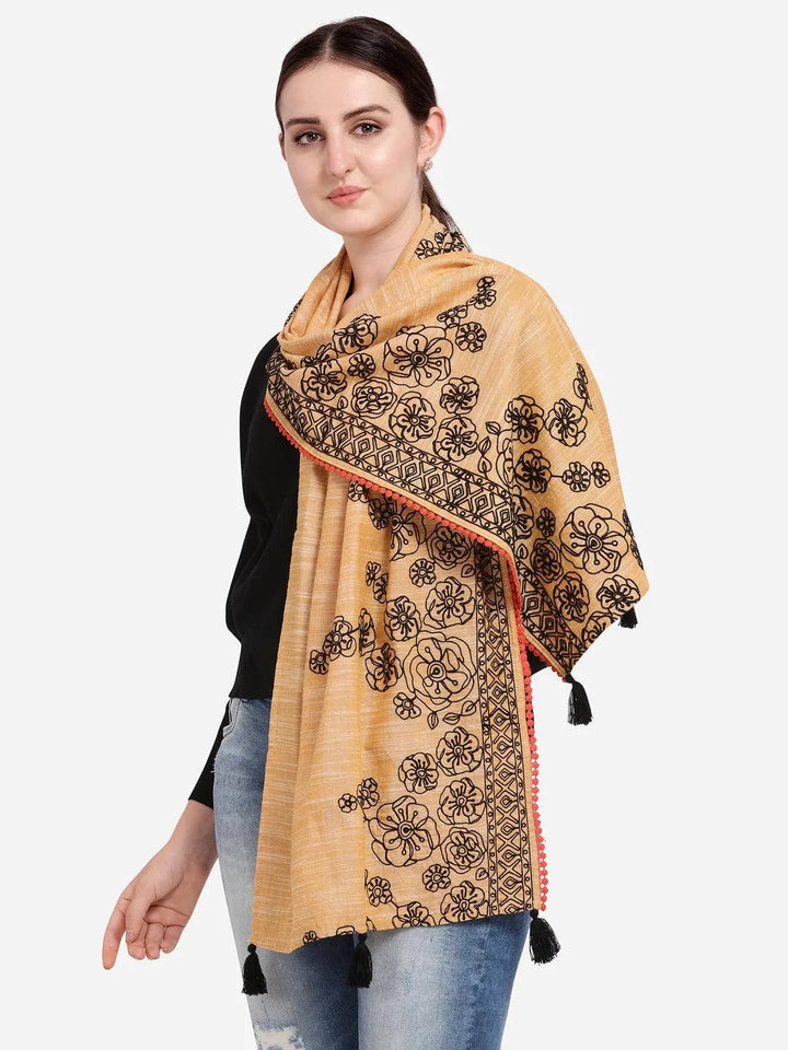 Orange Slub Khadi Black Embroidered Stole - VJV Now