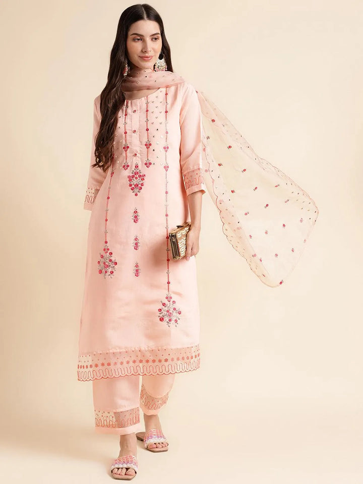 Peach Cotton Blend Straight embroidery Kurta suit with dupatta - VJV Now