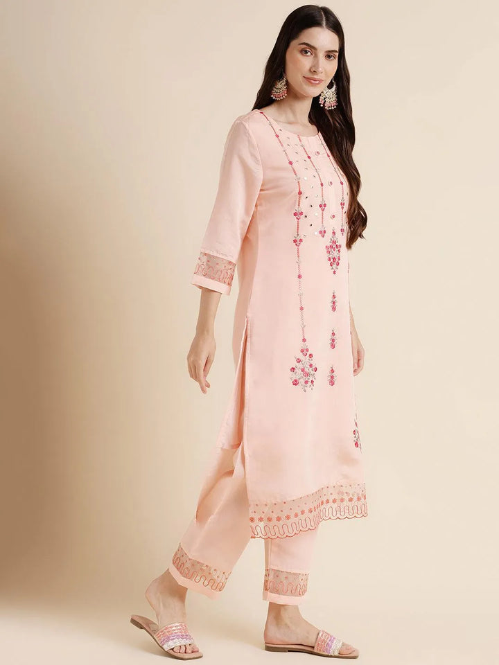 Peach Cotton Blend Straight embroidery Kurta suit with dupatta - VJV Now