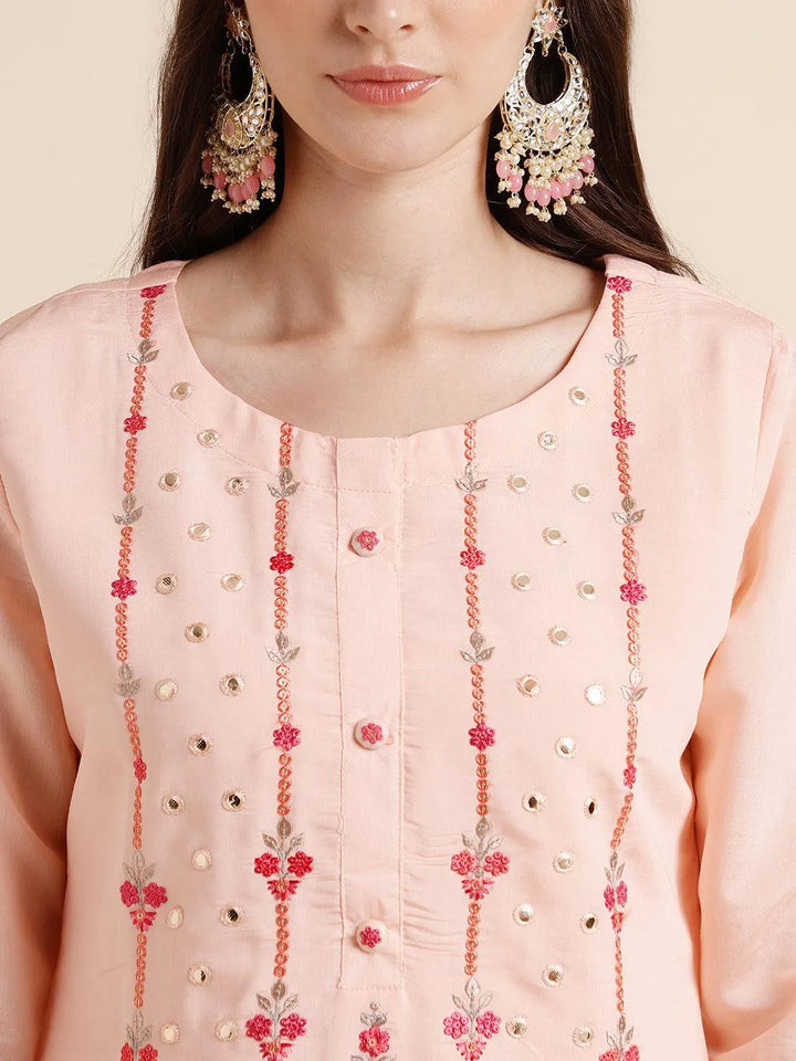 Peach Cotton Blend Straight embroidery Kurta suit with dupatta - VJV Now