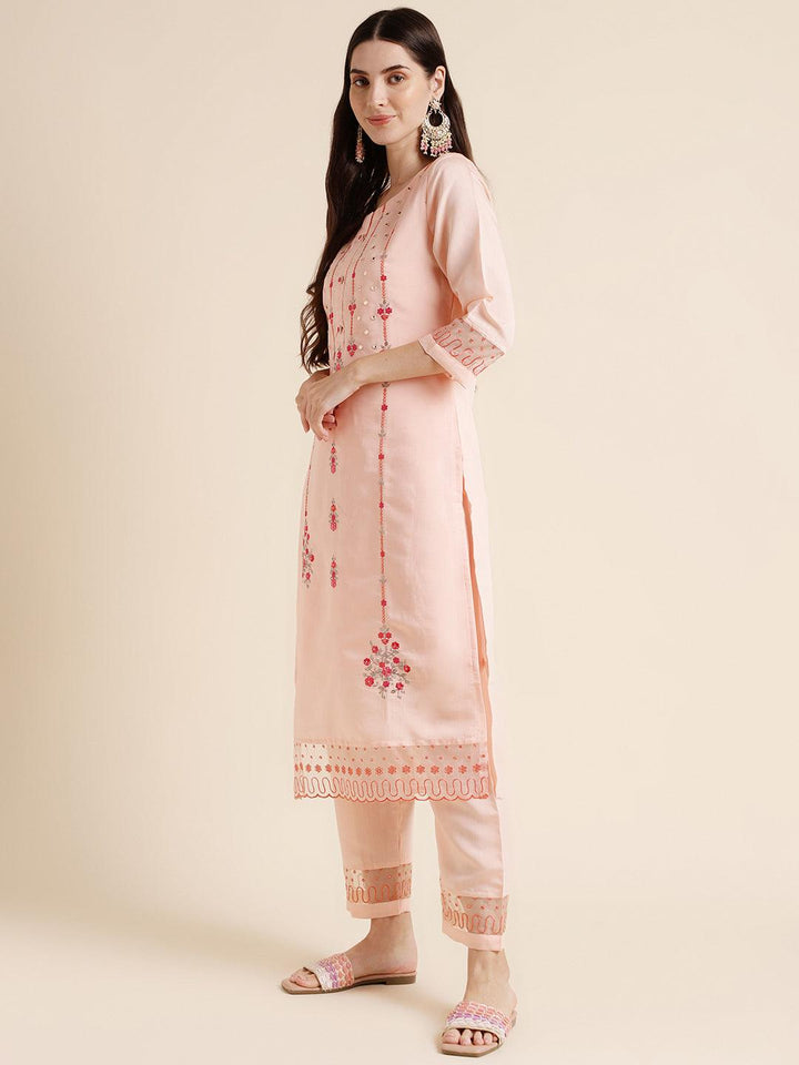Peach Cotton Blend Straight embroidery Kurta suit with dupatta - VJV Now