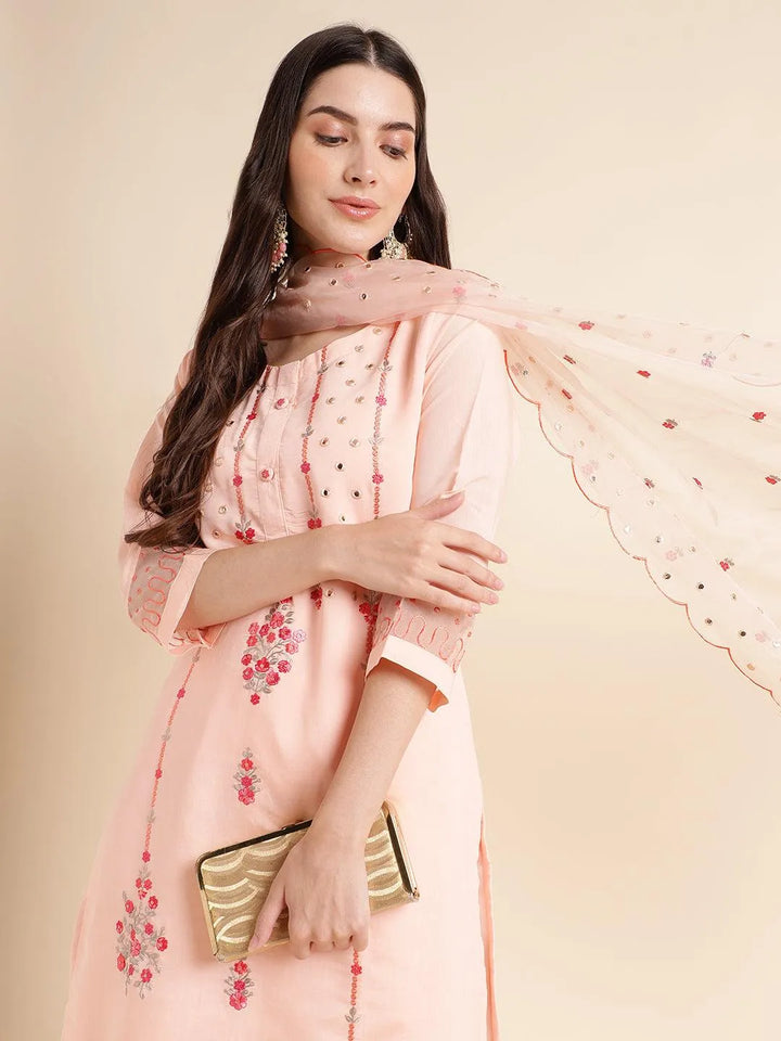 Peach Cotton Blend Straight embroidery Kurta suit with dupatta - VJV Now