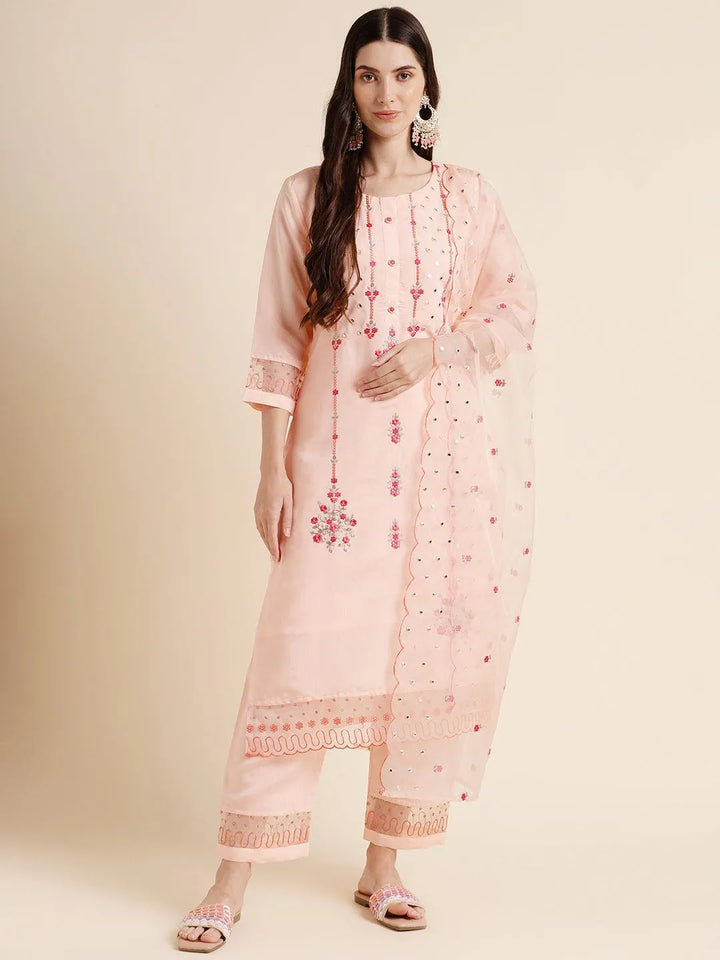 Peach Cotton Blend Straight embroidery Kurta suit with dupatta - VJV Now