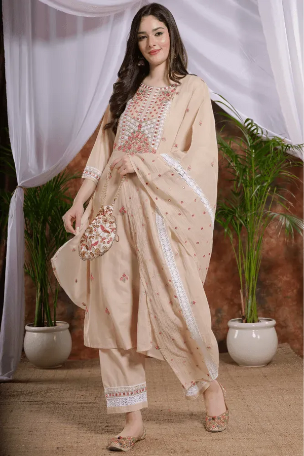 Peach Cotton Straight Kurta pant Suit and cute flowers embroidery dupatta - VJV Now