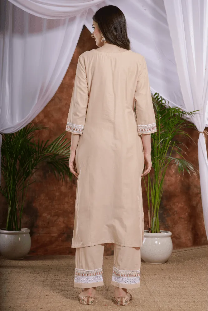 Peach Cotton Straight Kurta pant Suit and cute flowers embroidery dupatta - VJV Now