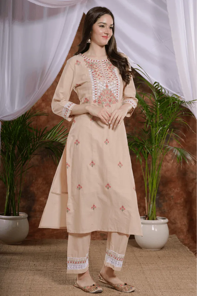 Peach Cotton Straight Kurta pant Suit and cute flowers embroidery dupatta - VJV Now