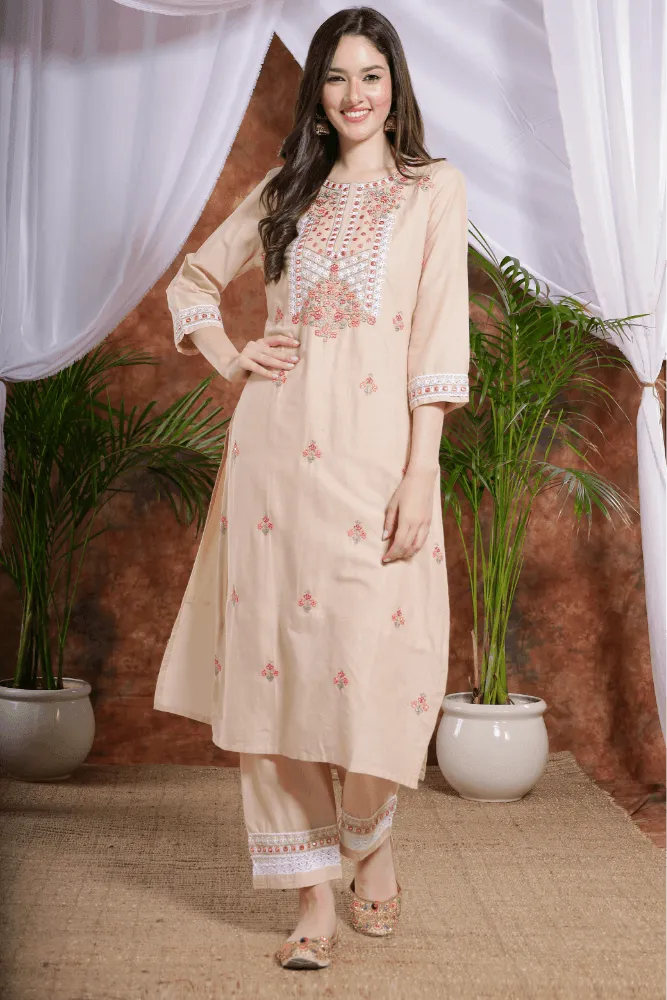 Peach Cotton Straight Kurta pant Suit and cute flowers embroidery dupatta - VJV Now