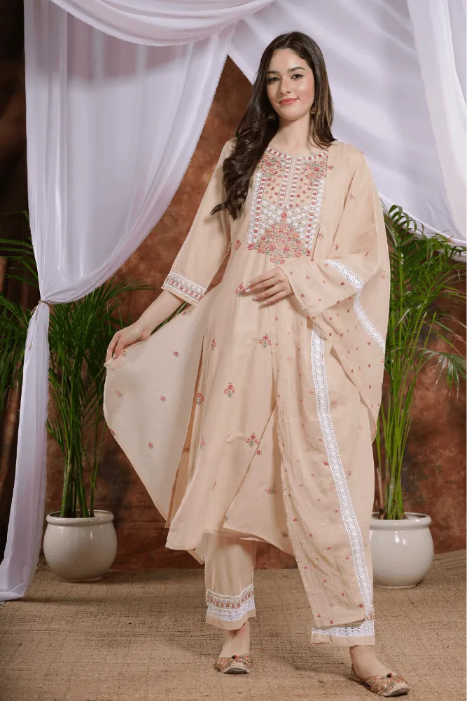 Peach Cotton Straight Kurta pant Suit and cute flowers embroidery dupatta - VJV Now