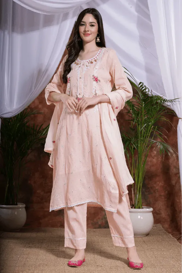 Peach cotton straight kurta pant suit set with peach floral embroidered dupatta - VJV Now