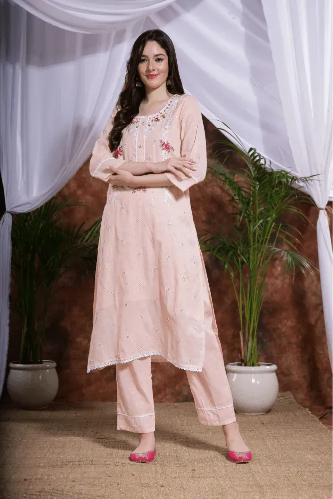 Peach cotton straight kurta pant suit set with peach floral embroidered dupatta - VJV Now