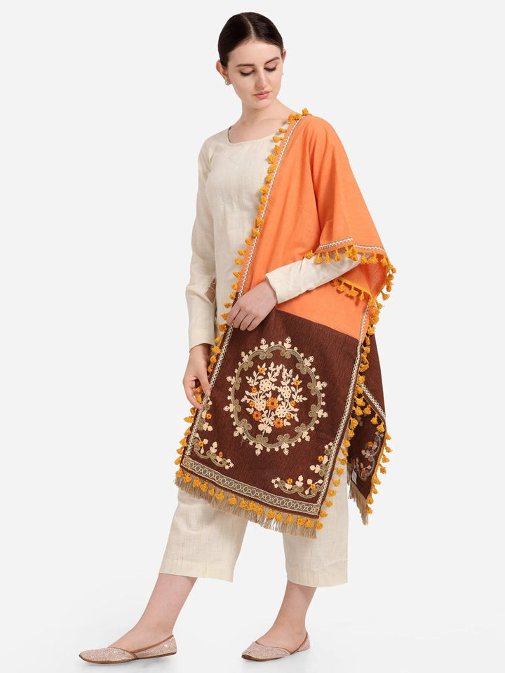 Peach Embroidered Panel Khadi Festive Dupatta - VJV Now