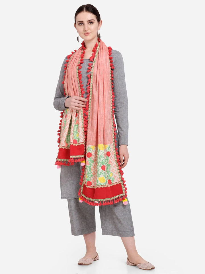 Peach Floral Embroidered Linen Festive Dupatta - VJV Now