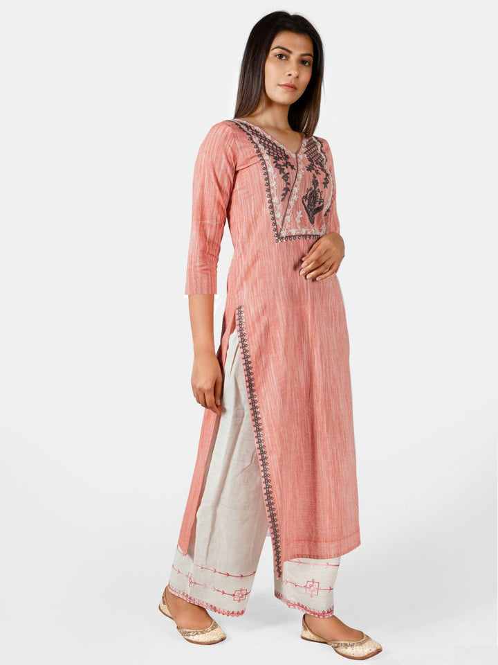Peach princes line side cut kurta with off white embroidered plazzo pant - VJV Now