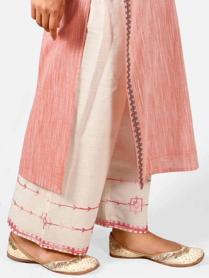 Peach princes line side cut kurta with off white embroidered plazzo pant - VJV Now