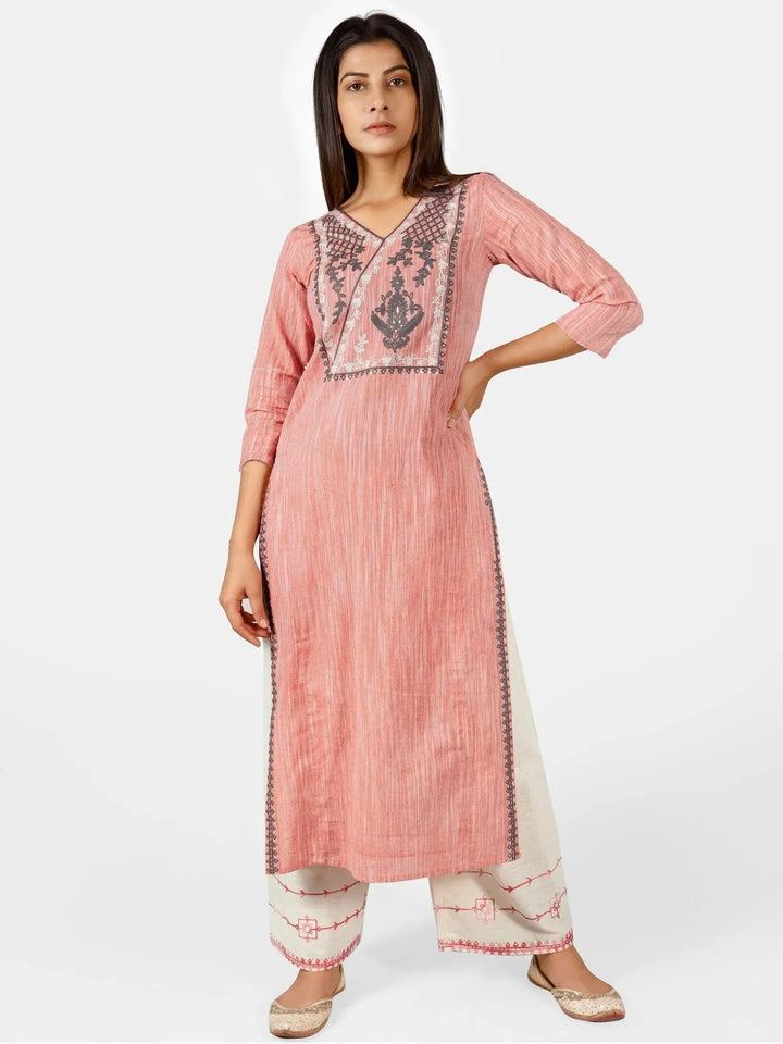 Peach princes line side cut kurta with off white embroidered plazzo pant - VJV Now