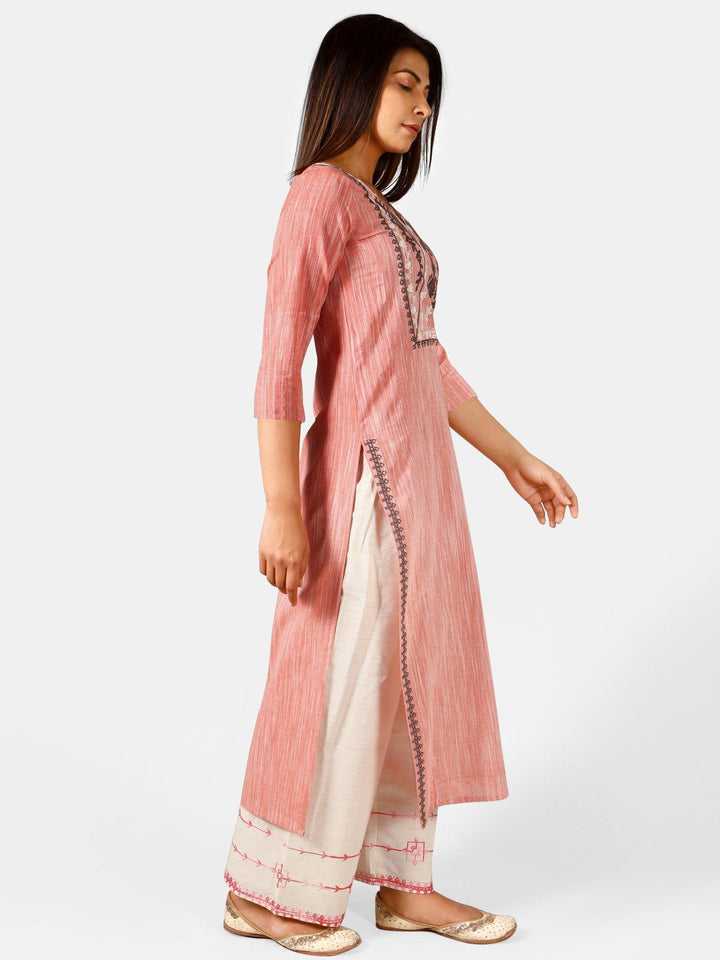 Peach princes line side cut kurta with off white embroidered plazzo pant - VJV Now