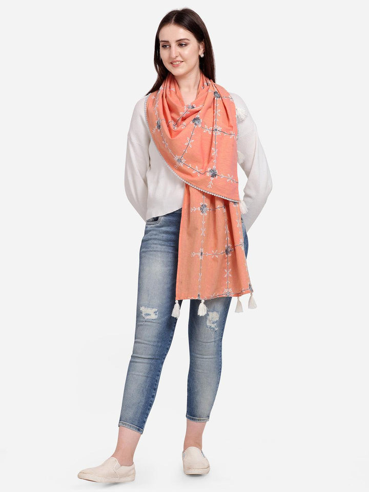 Peach Snowflake Embroidered rich khadi scarf/stole - VJV Now