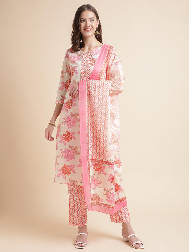 Pink & off-white Floral printed Kurti With Pant And Dupatta Set - VJV Now