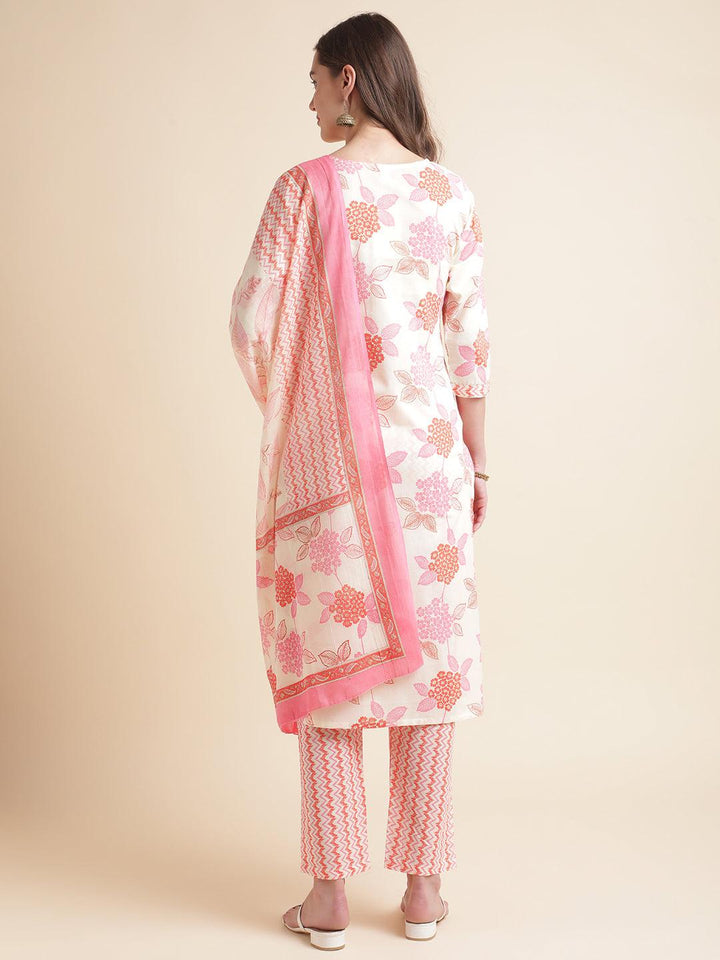 Pink & off-white Floral printed Kurti With Pant And Dupatta Set - VJV Now