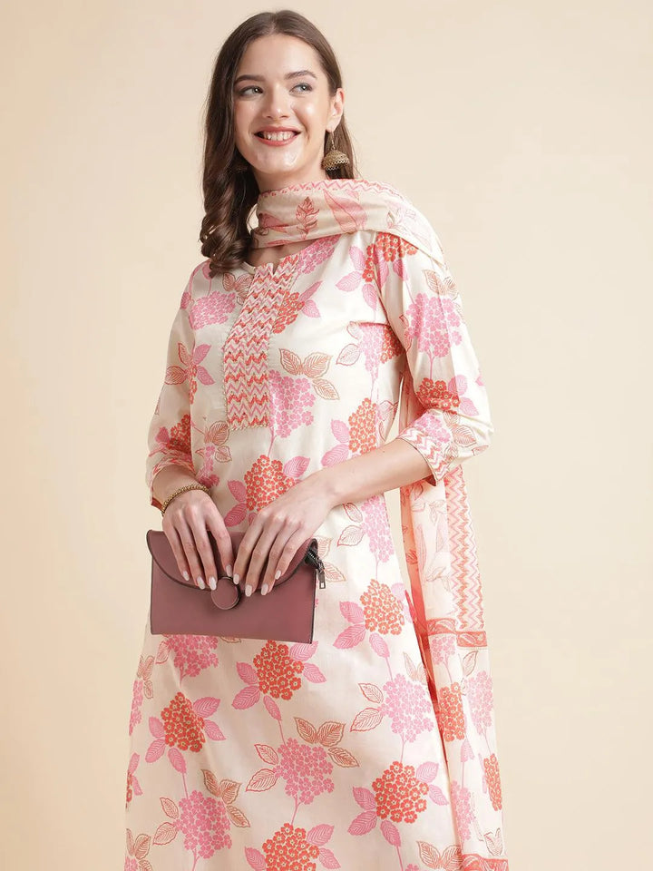 Pink & off-white Floral printed Kurti With Pant And Dupatta Set - VJV Now