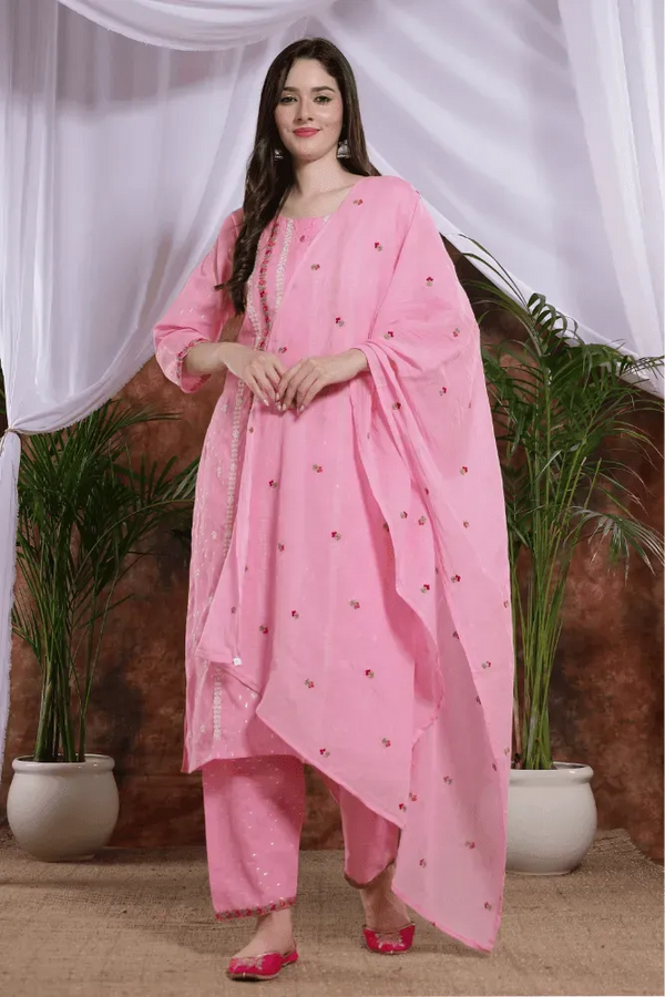 Pink Cotton Blend Straight Kurta Pants Suit with pink floral duppatta - VJV Now