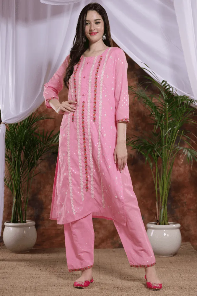 Pink Cotton Blend Straight Kurta Pants Suit with pink floral duppatta - VJV Now