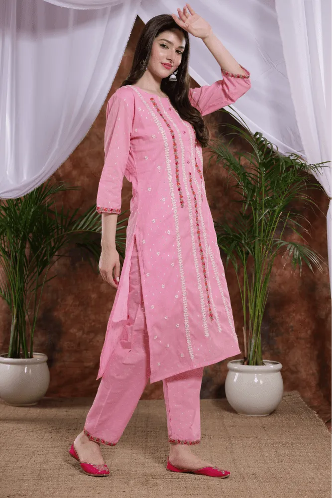 Pink Cotton Blend Straight Kurta Pants Suit with pink floral duppatta - VJV Now