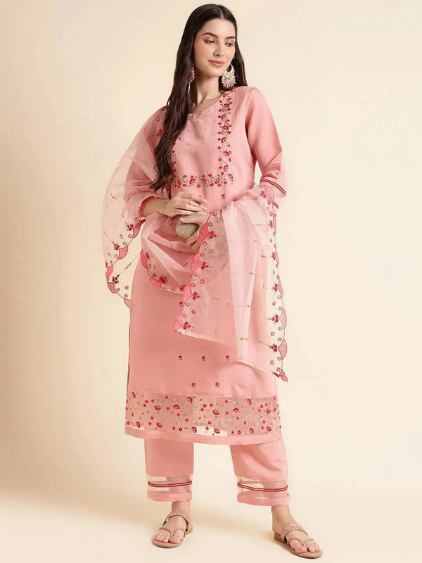 Pink Embroidered kurta suit with net and embroidery dupatta set - VJV Now