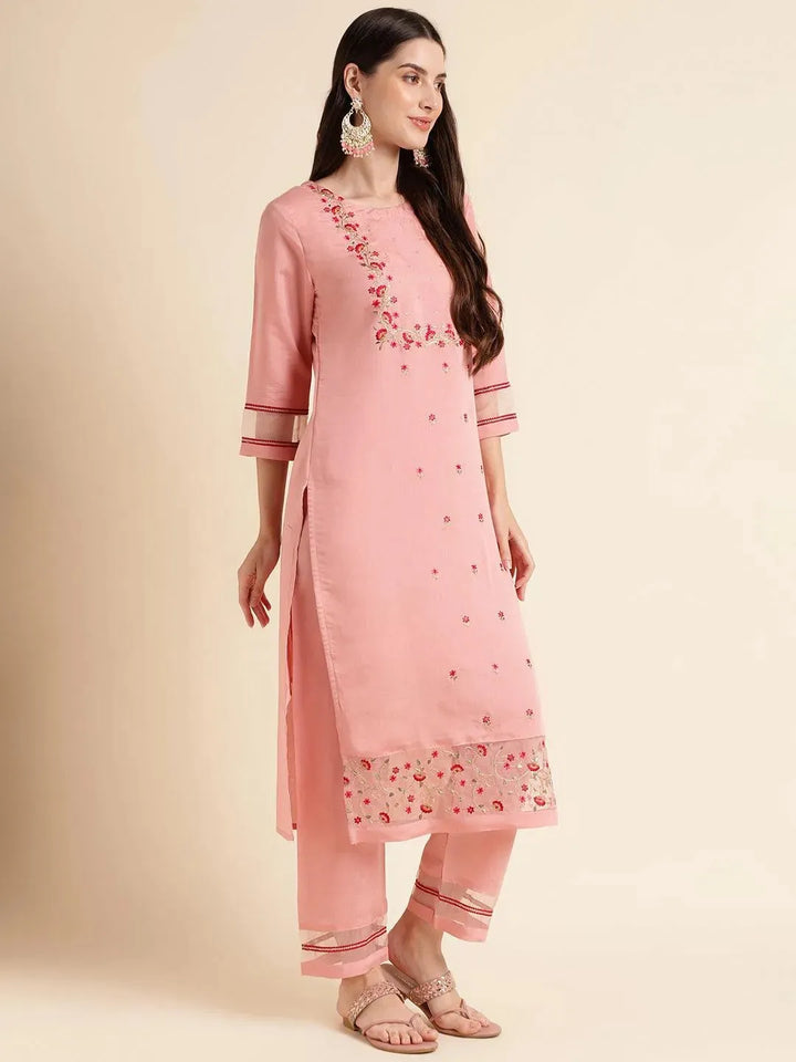 Pink Embroidered kurta suit with net and embroidery dupatta set - VJV Now