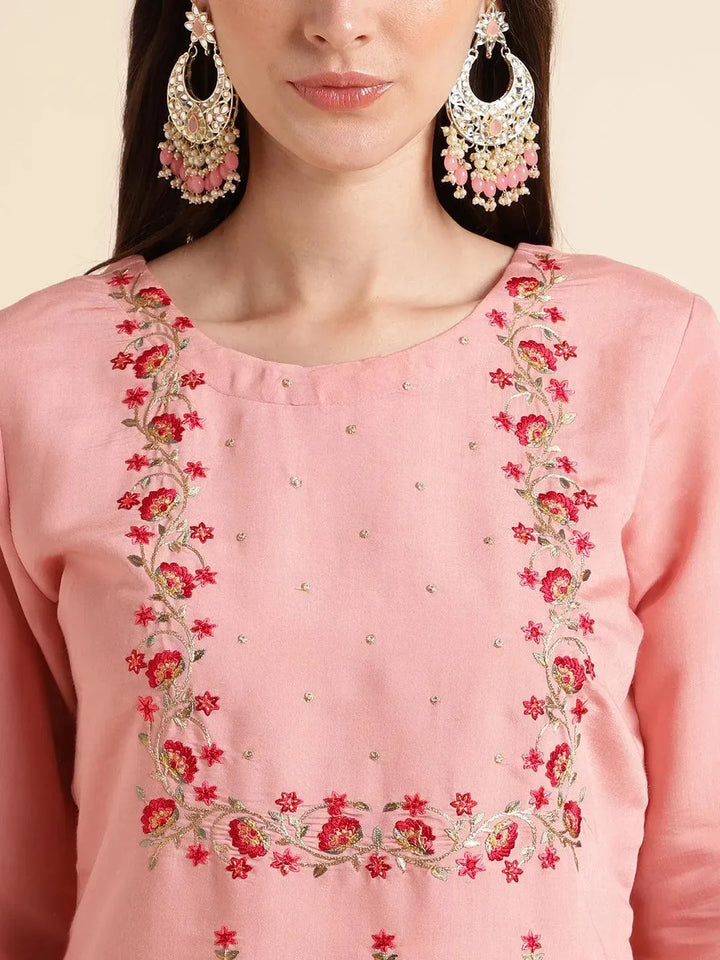 Pink Embroidered kurta suit with net and embroidery dupatta set - VJV Now