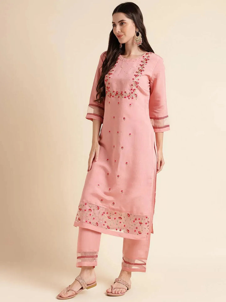 Pink Embroidered kurta suit with net and embroidery dupatta set - VJV Now