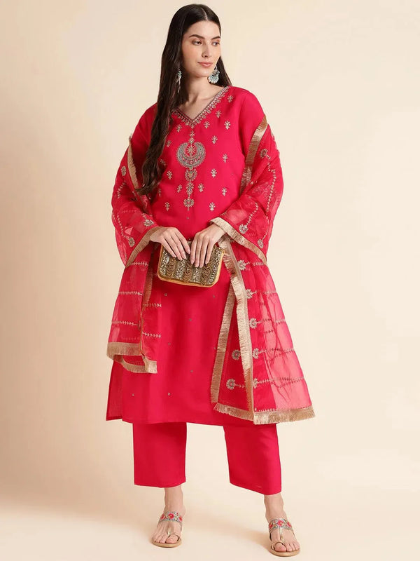 Pink Embroidered solid kurta with pant dupatta set - VJV Now