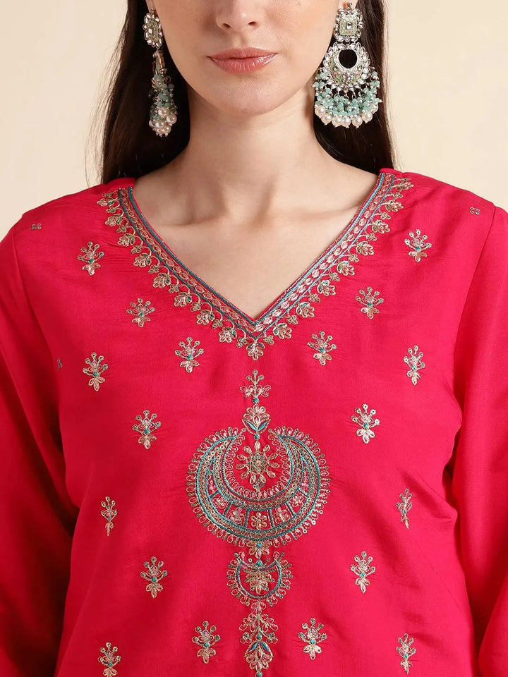 Pink Embroidered solid kurta with pant dupatta set - VJV Now