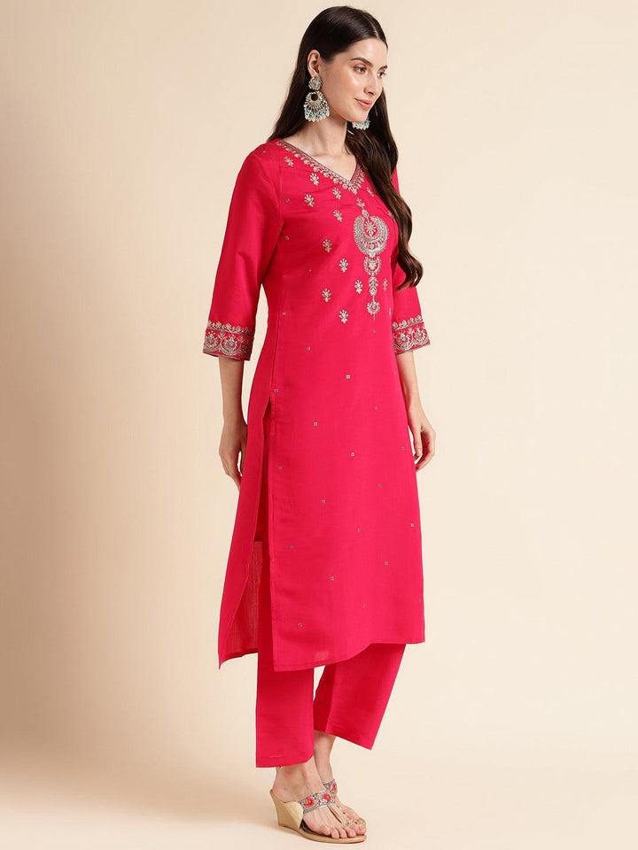 Pink Embroidered solid kurta with pant dupatta set - VJV Now
