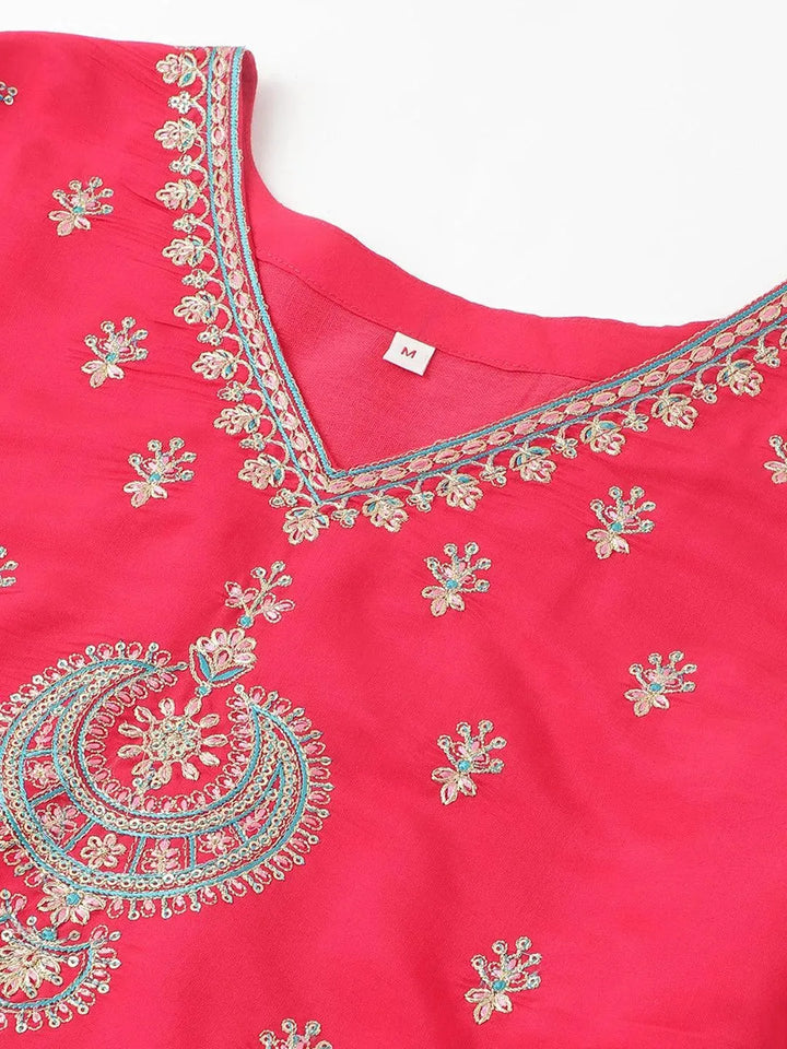 Pink Embroidered solid kurta with pant dupatta set - VJV Now